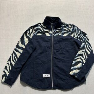 Threehearts Zebra Print Windbreaker Jacket Womens Medium Navy Blue